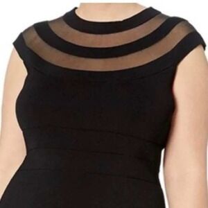Eliza J‎  Black LBD Sheer Inset Knit Cap Sleeve Sheath Midi Dress Size Large